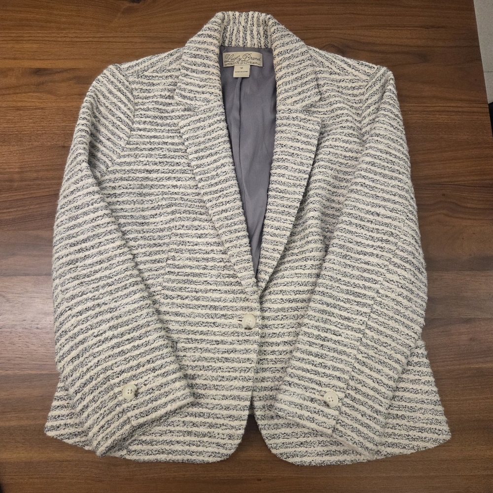 Lucky Brand Bouclé Ivory Gray Silver Textured Tweed Stripe Blazer Jacket, Medium